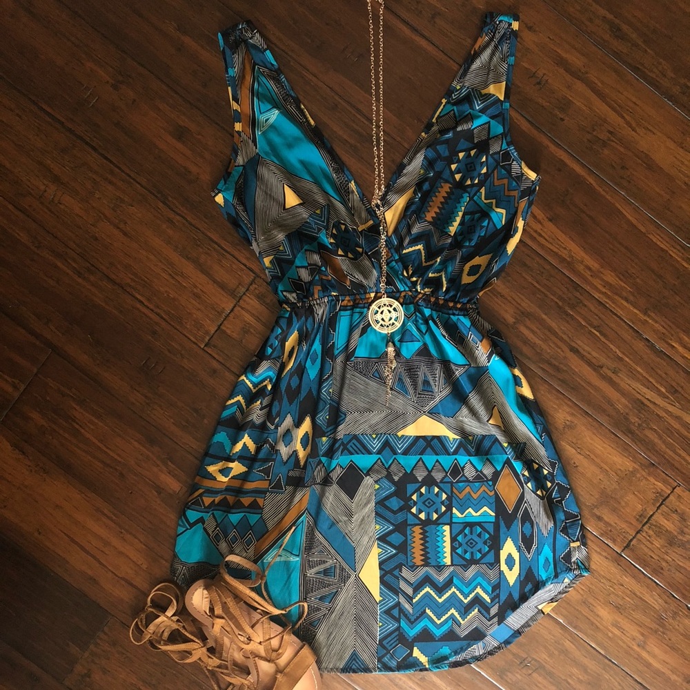 Candy Rose Teal Blue Tribal print dress-Small